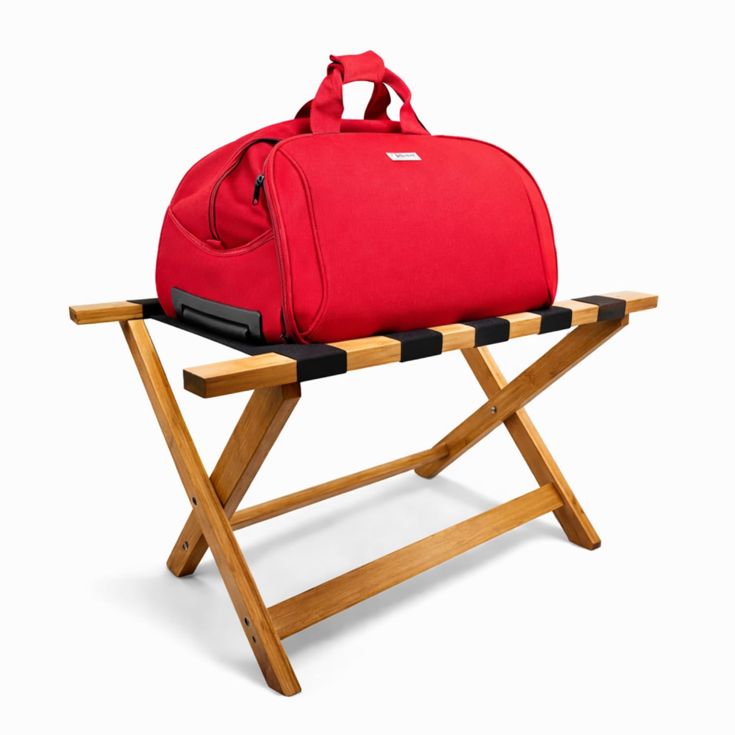 VIRSUS Porta Valigie Pieghevole in Legno Bamboo 65x36x36 cm con 5 Cinghie Cavalletto Sgabello Reggivaligia