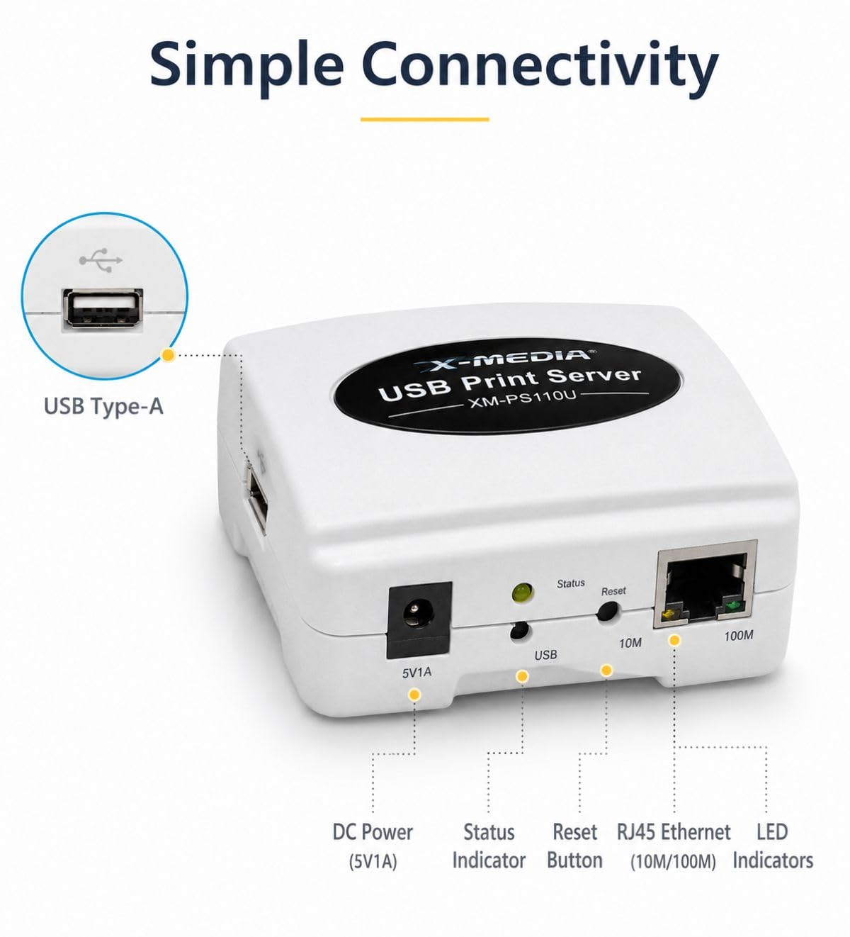 X-Media XM-PS110U - Server di stampa USB a 1 porta 10/100 Mbps, con porta USB 2.0