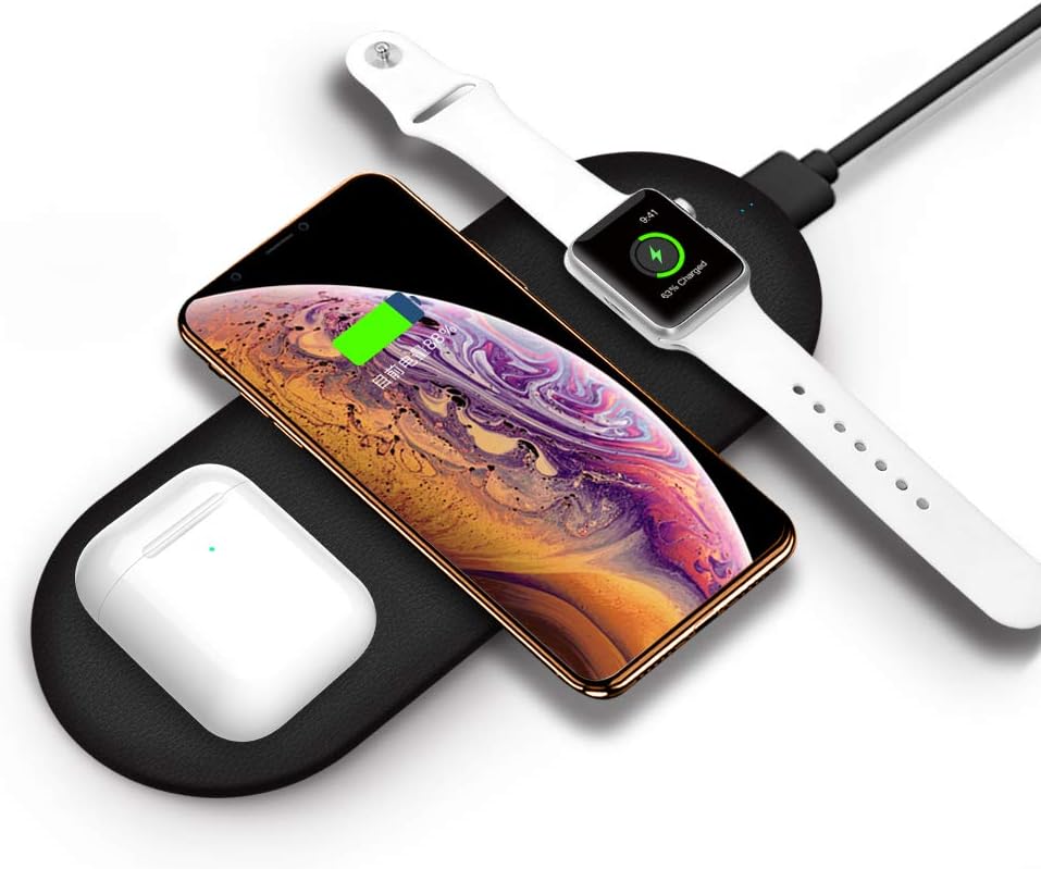FACEVER 3 in 1 Wireless Charger, Fast Qi Wireless Charging Pad for Apple Watch Series 5 4 3 2 1 Airpods Pro iPhone SE 2020 11 Pro Max XS XR X 8 Plus, Phone Airpods Watch Charging Station Dock, Black