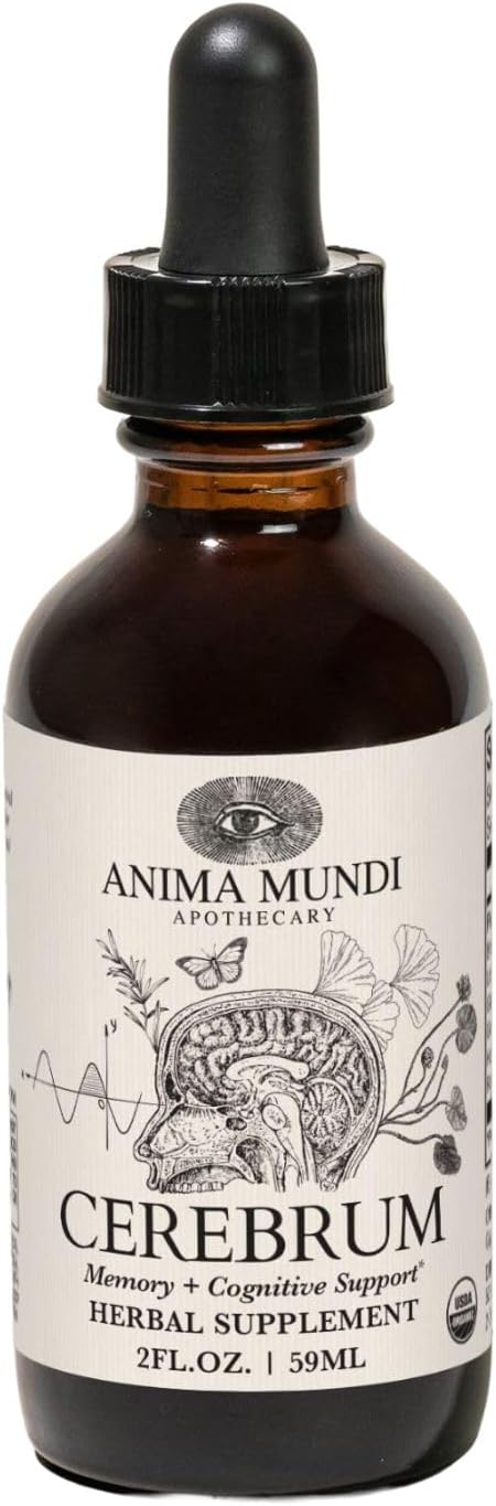 Anima Mundi Apothecary Cerebrum Brain Tonic - Cognitive Support Supplement - Liquid Drops with Lion's Mane and Ginkgo - Brain Booster Liquid Supplement for Memory Support (2oz / 60ml)