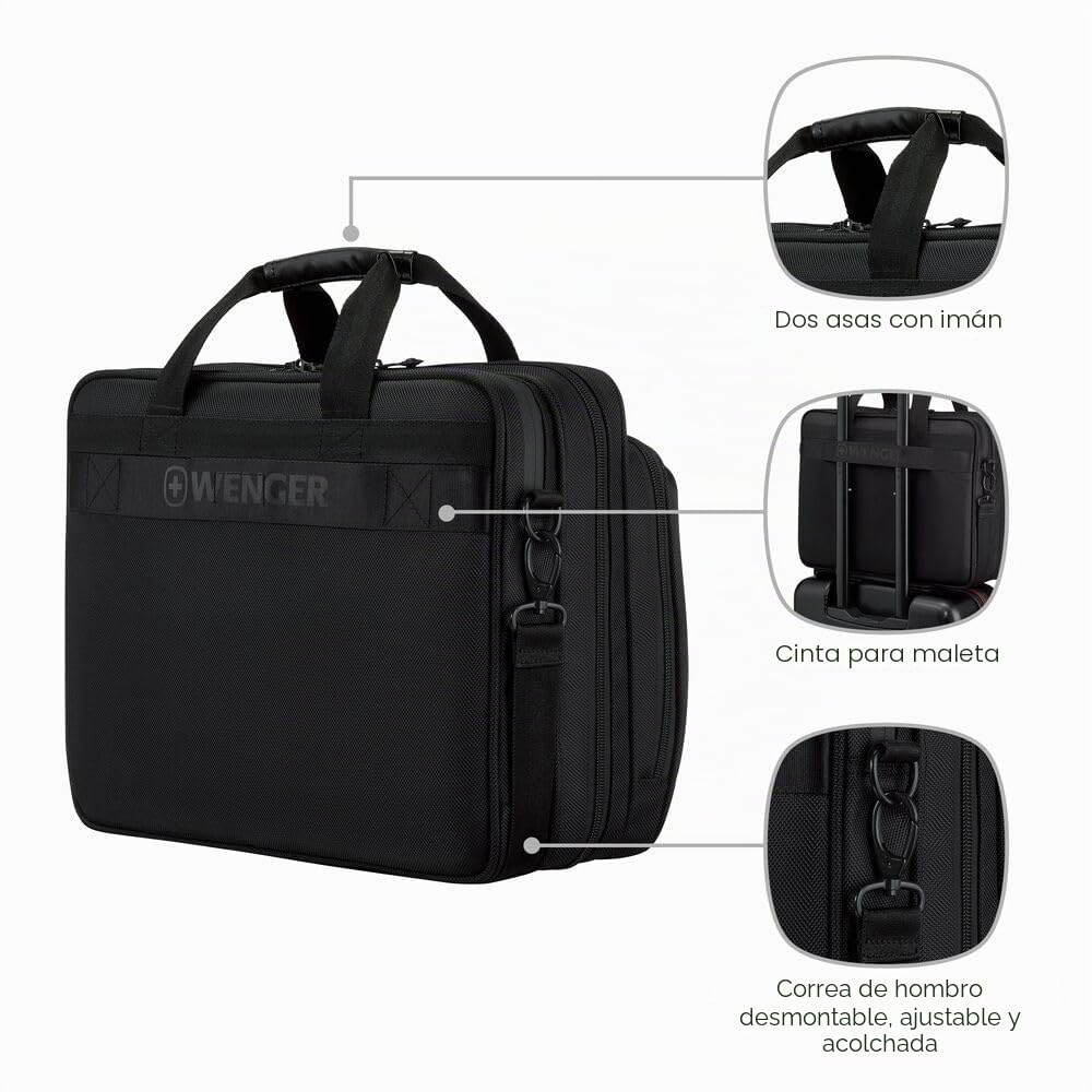 Wenger Legacy Black Series Maletín para portátil con correa, notebook de hasta 16", compartimento para tableta, maletín, 15 l, oficina, negocios, universidad, negro, 653630