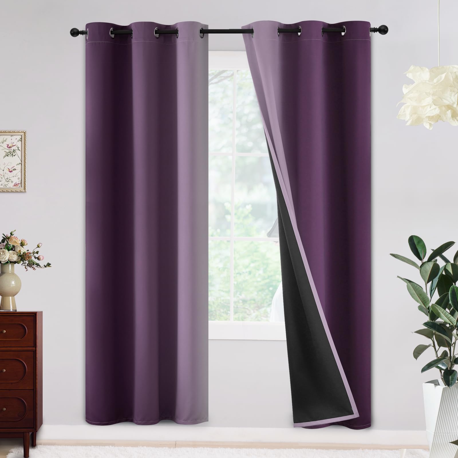 Yakamok 100% Blackout Curtains 72 inches Long,Room Darkening Purple Curtains Ombre for Bedroom Grommet Thermal Insulated Gradient Curtains for Living Room,2 Panels,42x72 inch