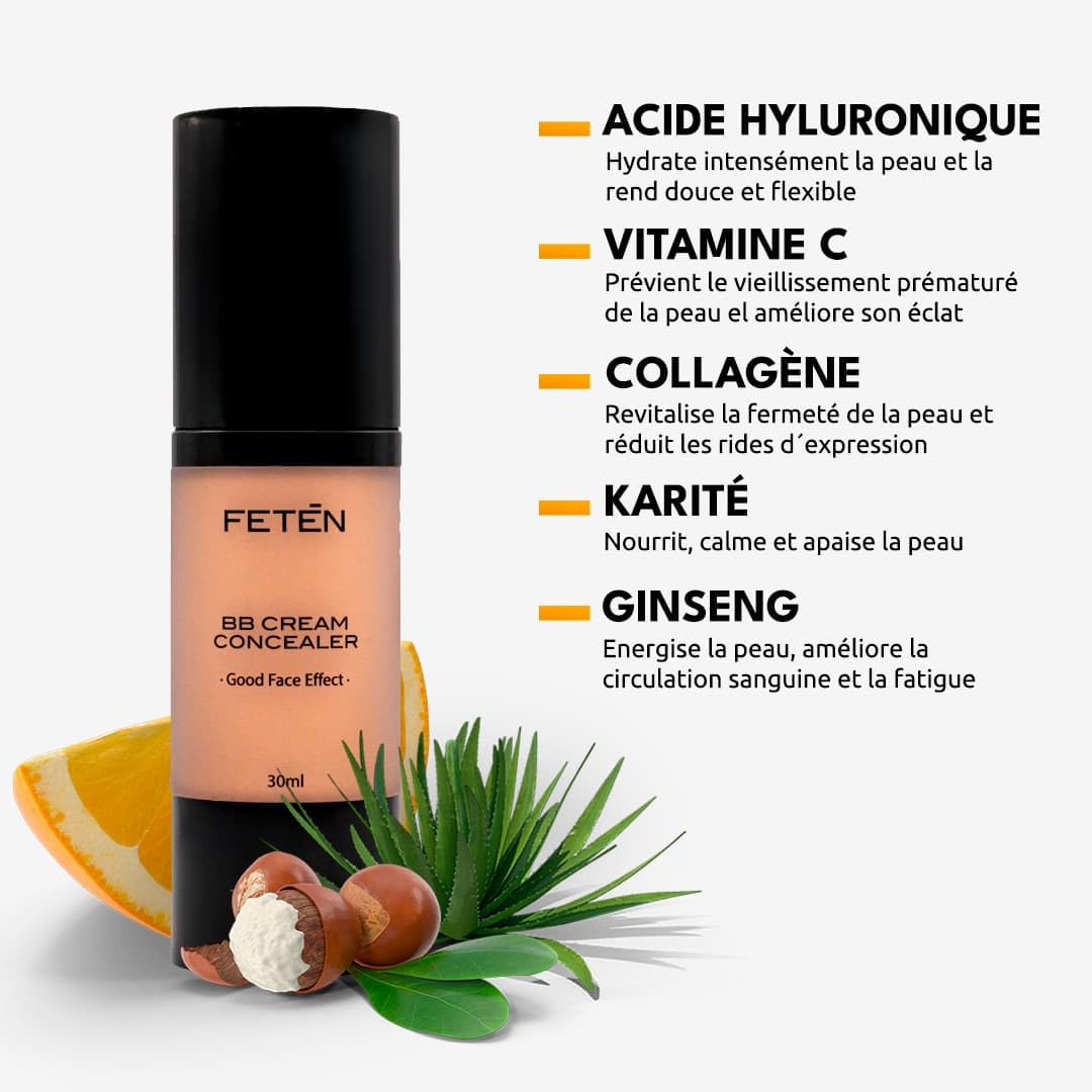 FETEN BB Cream pour le Visage, Correcteur Anti Cernes, Crème Hydratante Teintee avec Protection Solaire, BB Cream Embellisseur Anti Imperfections pour Homme, Crème Anti Age Matifiante