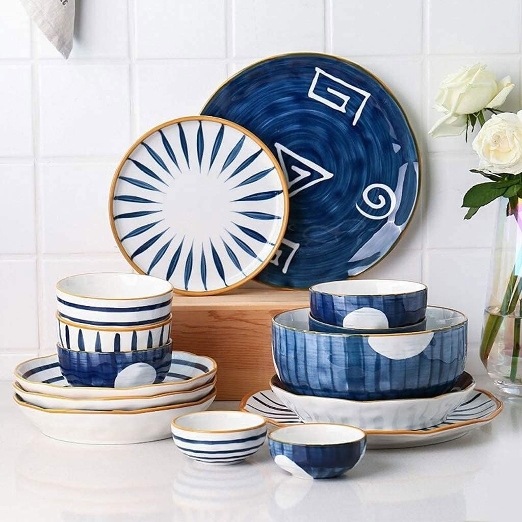 Juego de vajilla de Porcelana de 28 Piezas, Estilo japonés, de cerámica | Juego de vajilla con Plato y Cuenco para Restaurante, Color Azul, Blanco y Azul.,Blue