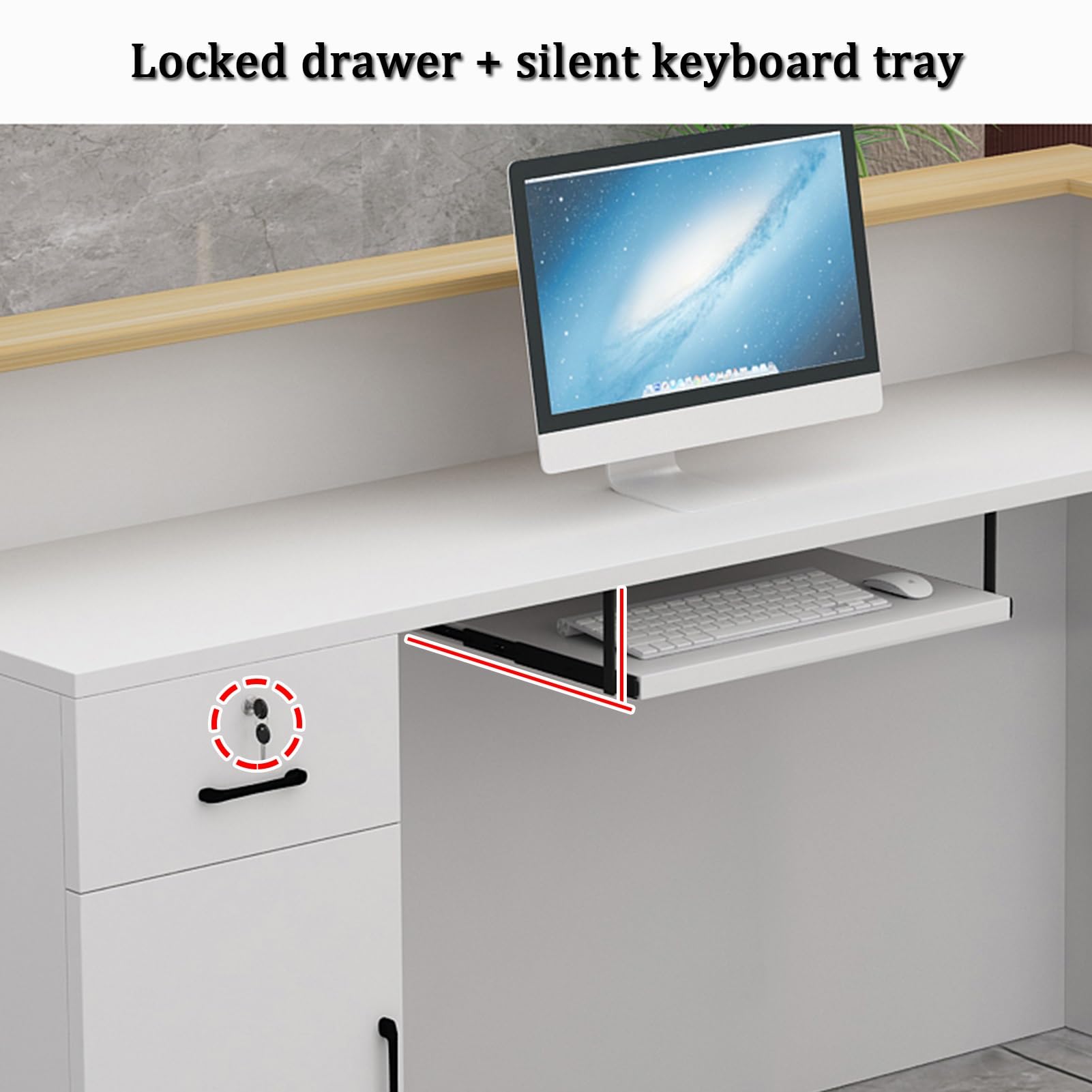 YVYKFZD Büro Empfangstheke Rezeption, Kleiner Rezeptionstheken mit abschließbaren Schubladen, stehender Empfangstresen, verkaufstheke multifunktionaler Verkaufstresentisch(White1 R,39.3"x17.7"x39.3")