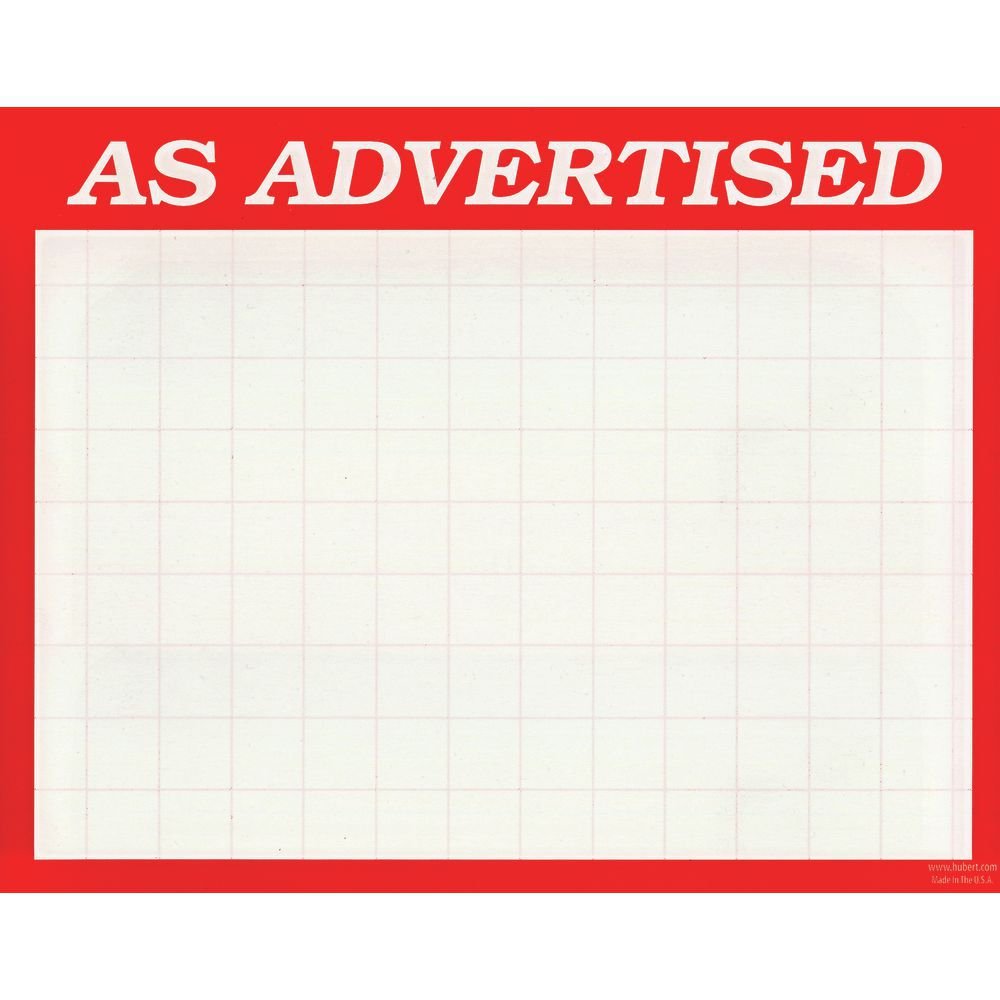 "As Advertised" Sign Cards with Red Border - 7"L x 5 1/2"H by HUBERT – 7x5 5 inch, Paper, White, Pack of 100, Model 75057-CIS