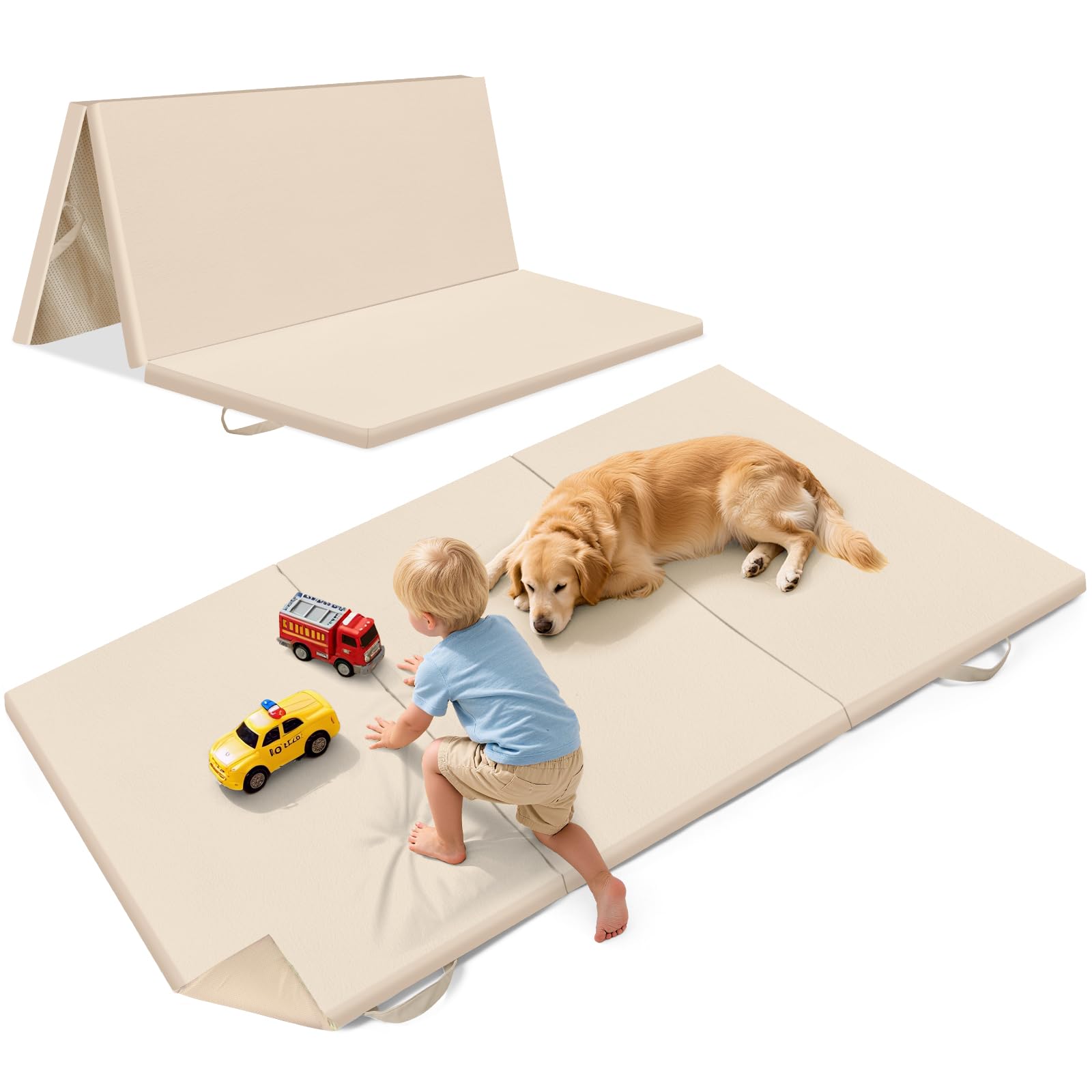 39X59Inch Trifold Thick Foam Play Mat for Babies| Soft Padded Foam Floor Mat for Kids Playroom | Foldable Playmat | Non-Slip Crawling Removable Cover Washable Crawling Playmat Infant Beige-1