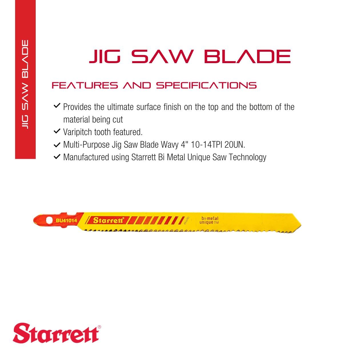 Starrett Bi-Metal Unique Unified Shank Multi-Purpose Wood Cutting Jig Saw Blade - 4" Length, 3/8" Width, .040" Thickness, 10-14 TPI, Wavy Set Type - 20-Pack - BU41014-20