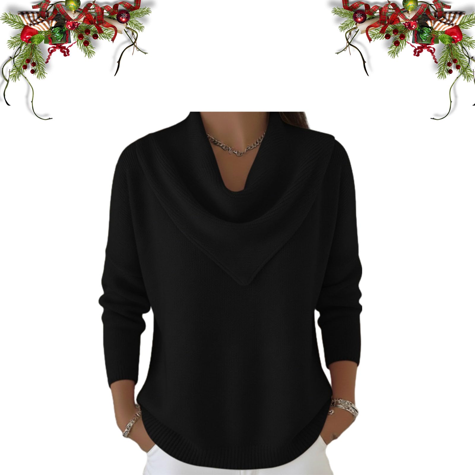 Elegant Retro Soft Triangle Neck Solid Color Sweater Top for Women Cozy Long Sleeve Knit Pullover Cowl Style