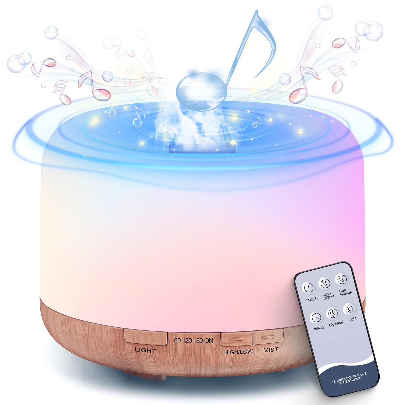 Humidifier Oil Fragrance Diffuser Bluetooth Speaker 5.0, 500ml Aromatherapy Diffusers for Aroma Essential Oils, Ultrasonic Oil Diffuser with Remote Control,4 Timers