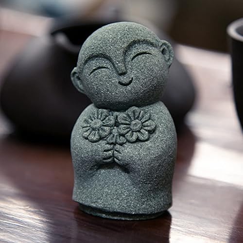Miniatura 78 de livelyfish Estatua de Buda japonesa de 3 figuras de monje rezando de piedra arenisca para riqueza, buena suerte, jardín zen, pecera, acuario
