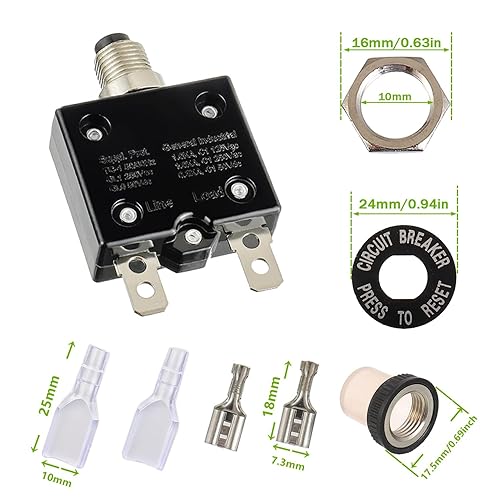 Miniatura 3 de Disyuntor de botón de reinicio manual de 15 A, 125250 V, CA, 50 V, CC, protector de sobrecarga térmica con terminales de conexión rápida y tapas de