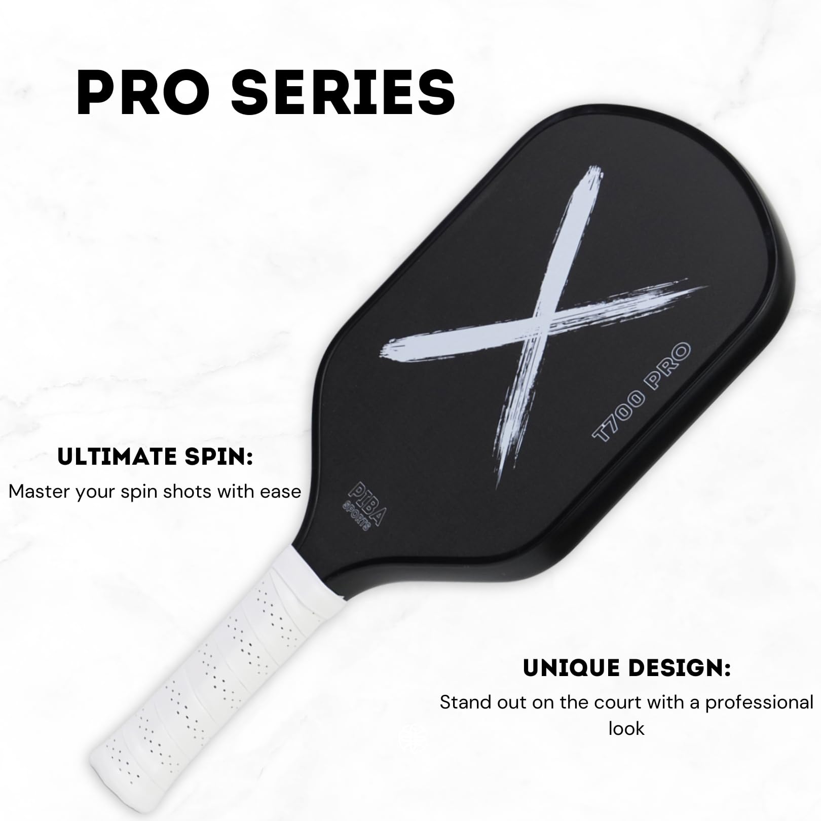 PIBA Sports Raquette Pro Pickleball T700 Carbon, 16 Mm, Surface Rugueuse Pour Top Spin, Poignée Allongée, Légère Et Précise, Pour Les Joueurs Avancés Et Professionnels X PRO
