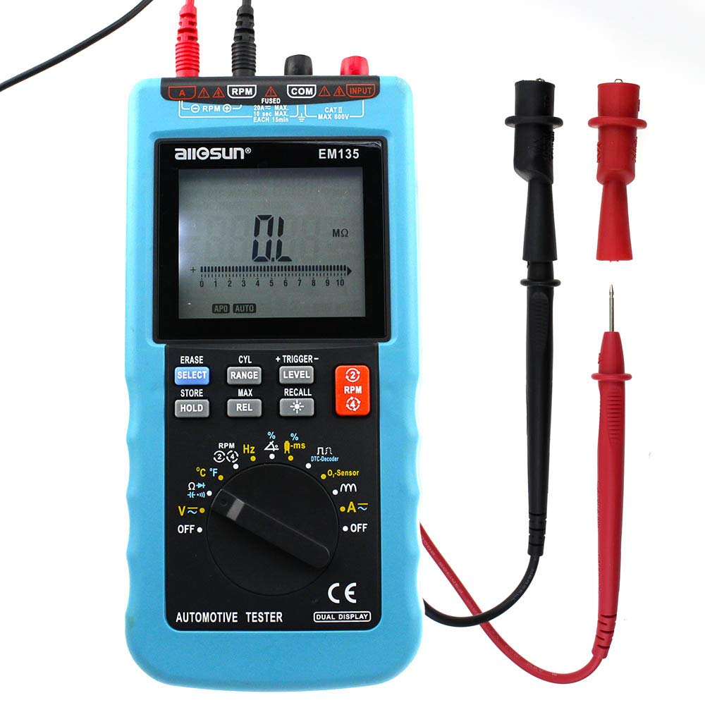 allsun 2 in 1 Autorange Digital Multimeter AC DC Volt Current Ohm Capacitance Frequency Diode Temp 5-Digit LCD Automotive Diagnosis Tester Measure RPM Dwell Angle DMM(EM135)