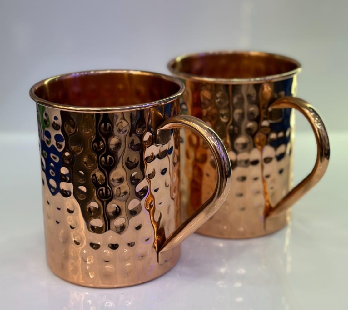SOLID COPPER STRAIGHT MUGS - PREMIUM QUALITY -16 Oz Hammered Mug - 100% Handcrafted - Pure Copper Mugs Set of 2