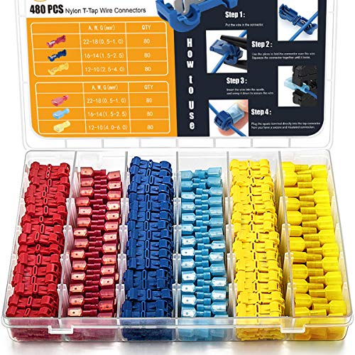 Qibaok 480 PCS T-Tap Wire Connectors Self-Stripping Quick Splice Electrical Terminals and Nylon Insulated Male Quick Disconnect Spade Terminals Kit