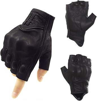 Harssidanzar Mens Gloves Half Finger Goatskin Leather Motorcycle Gloves GM037UK