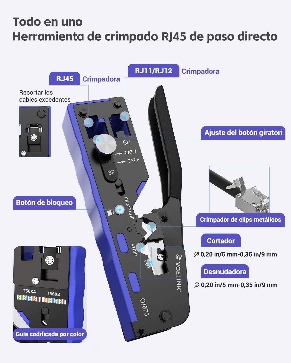 VCELINK Kit de Crimpadora RJ45 Profesional Compatible con CAT7/CAT6A/CAT6/CAT5E/CAT5, Conjunto de Herramientas de Red Incluye Comprobador RJ45, Pelacables, 20 x Conectores RJ45, Bolso de Tela