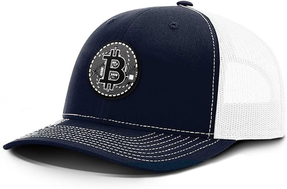 BustedTees Bitcoin Black and White Back Mesh Hat Baseball Cap for Mens & Womens Breathable Mesh Adjustable Snapback Strap