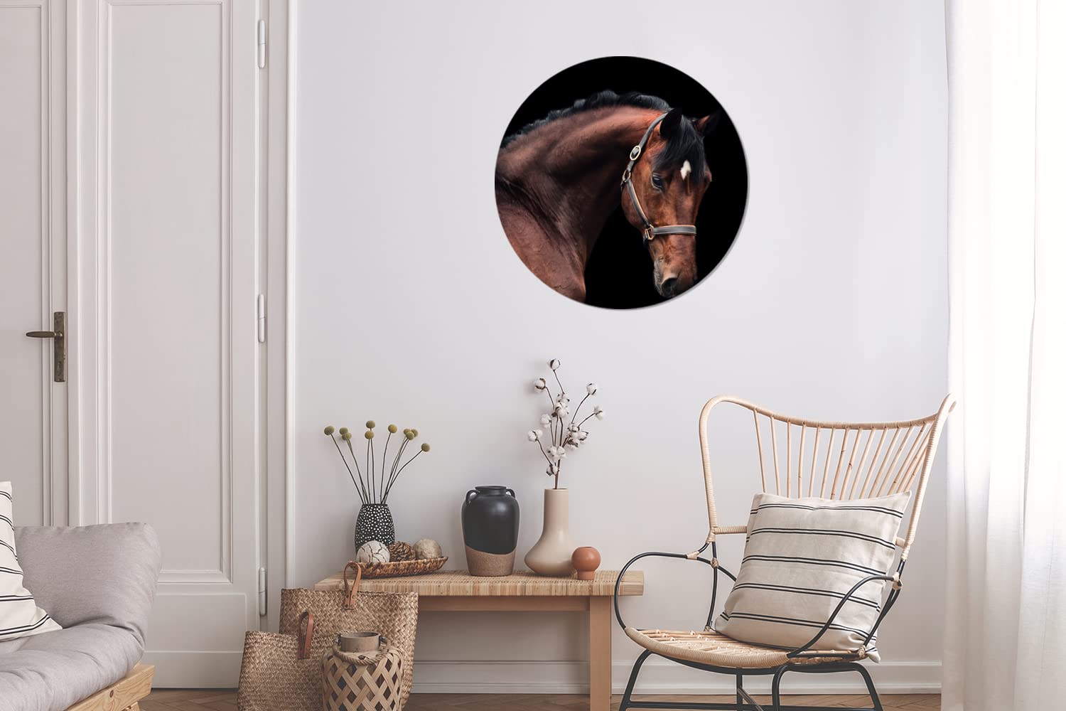 MuchoWow Wandbild Rund Wanddeko Deko Wohnzimmer Bilder 60x60 cm Pferd - Leicht - Halfter