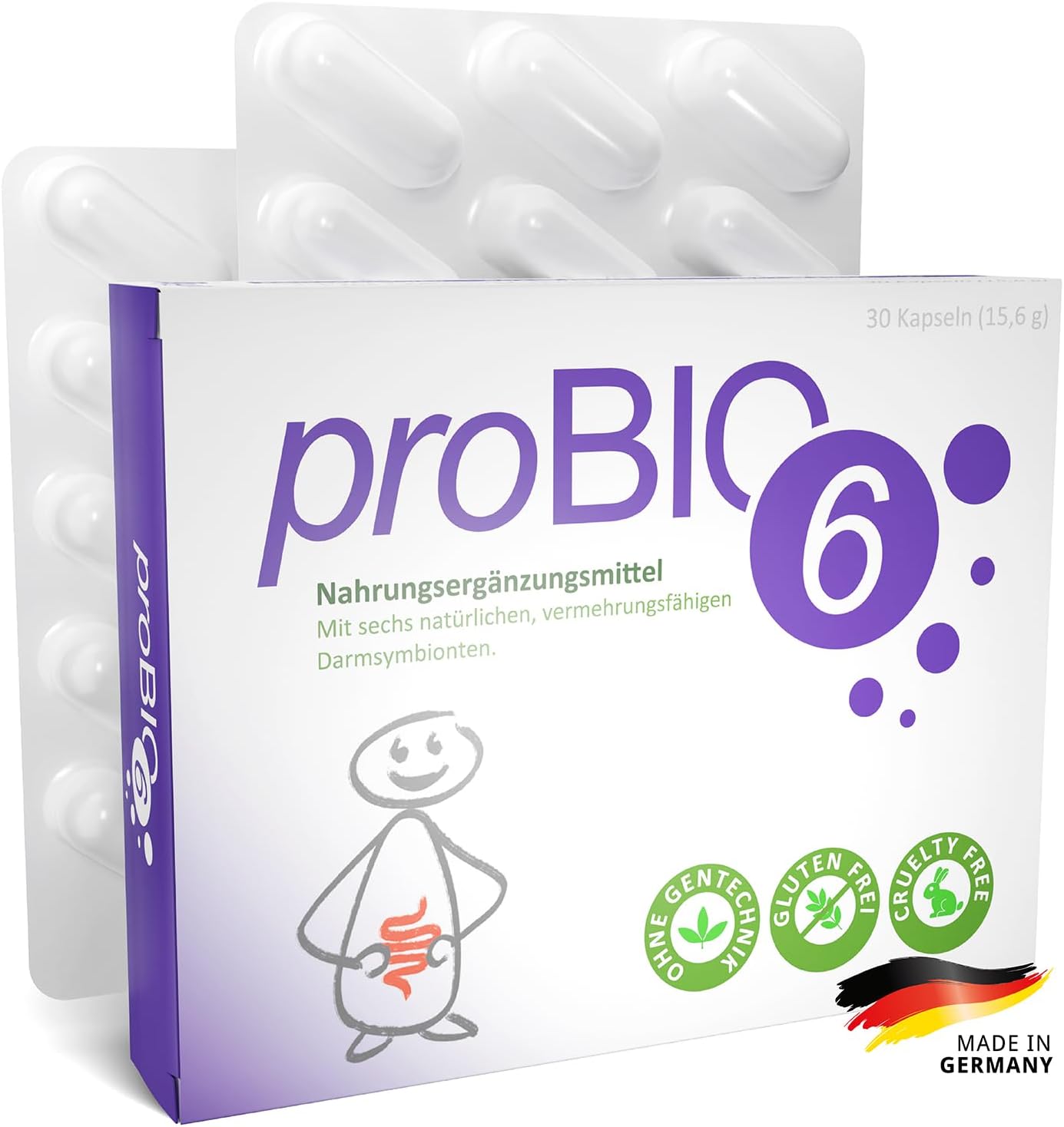 ProBIO6 Probiotica-capsules, hoge dosis, uit de apotheek voor de darmflora, geselecteerde kwaliteitsstammen, zonder inuline, 30 capsules intensieve kuur en maandelijkse verzorging, probiotische