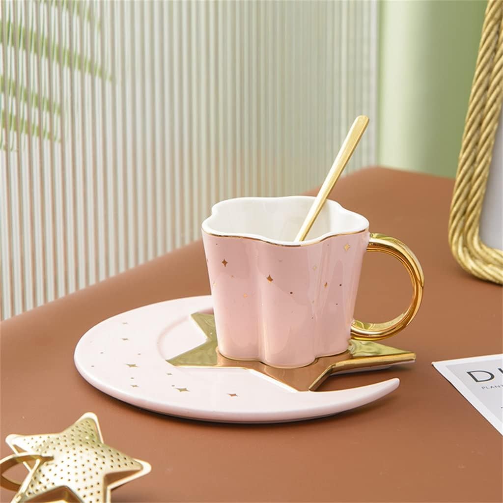 Ceramic Star Moon Coffee Cup And Saucer With Spoon Golden Handle Mug Tea Juice Water Drinks(D)