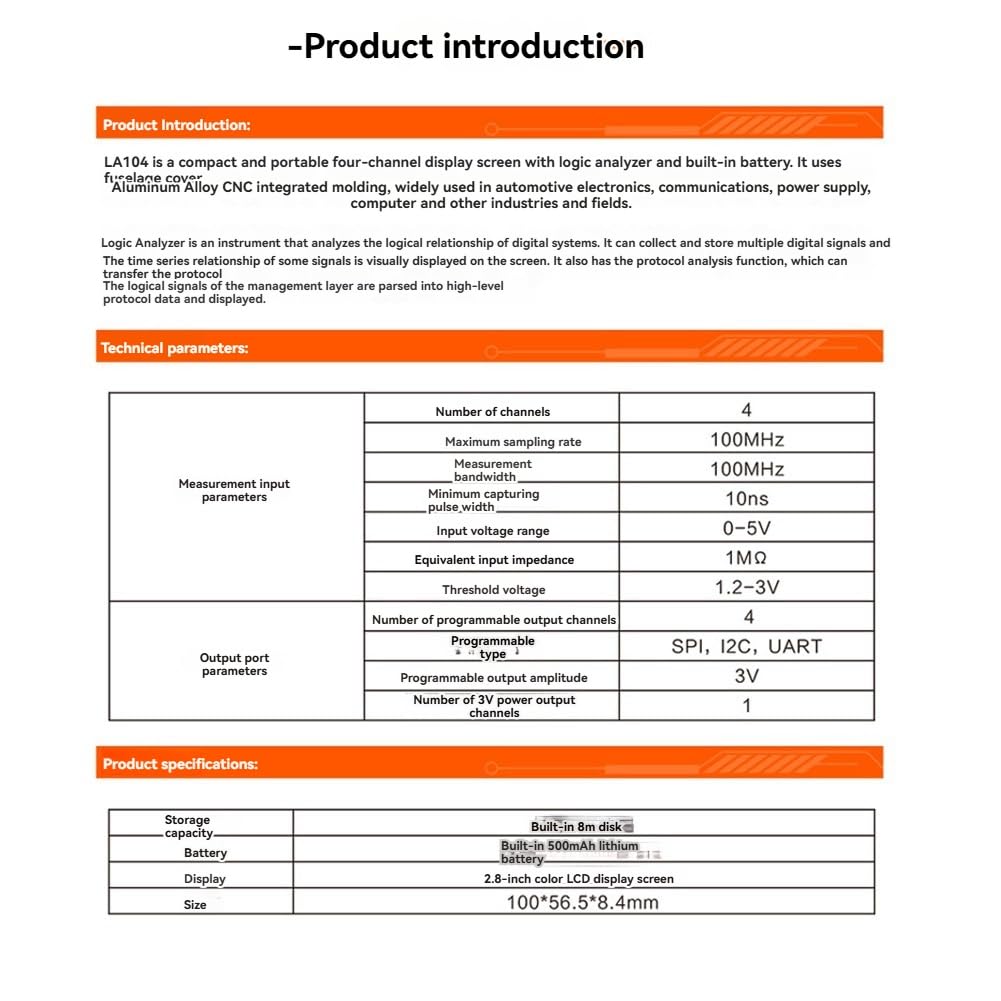 Digitaler Logikanalysator LA104, 4-K-Oszilloskop, SPI IIC, UART, programmierbar, maximale Abtastrate von 100 m, Sa/S