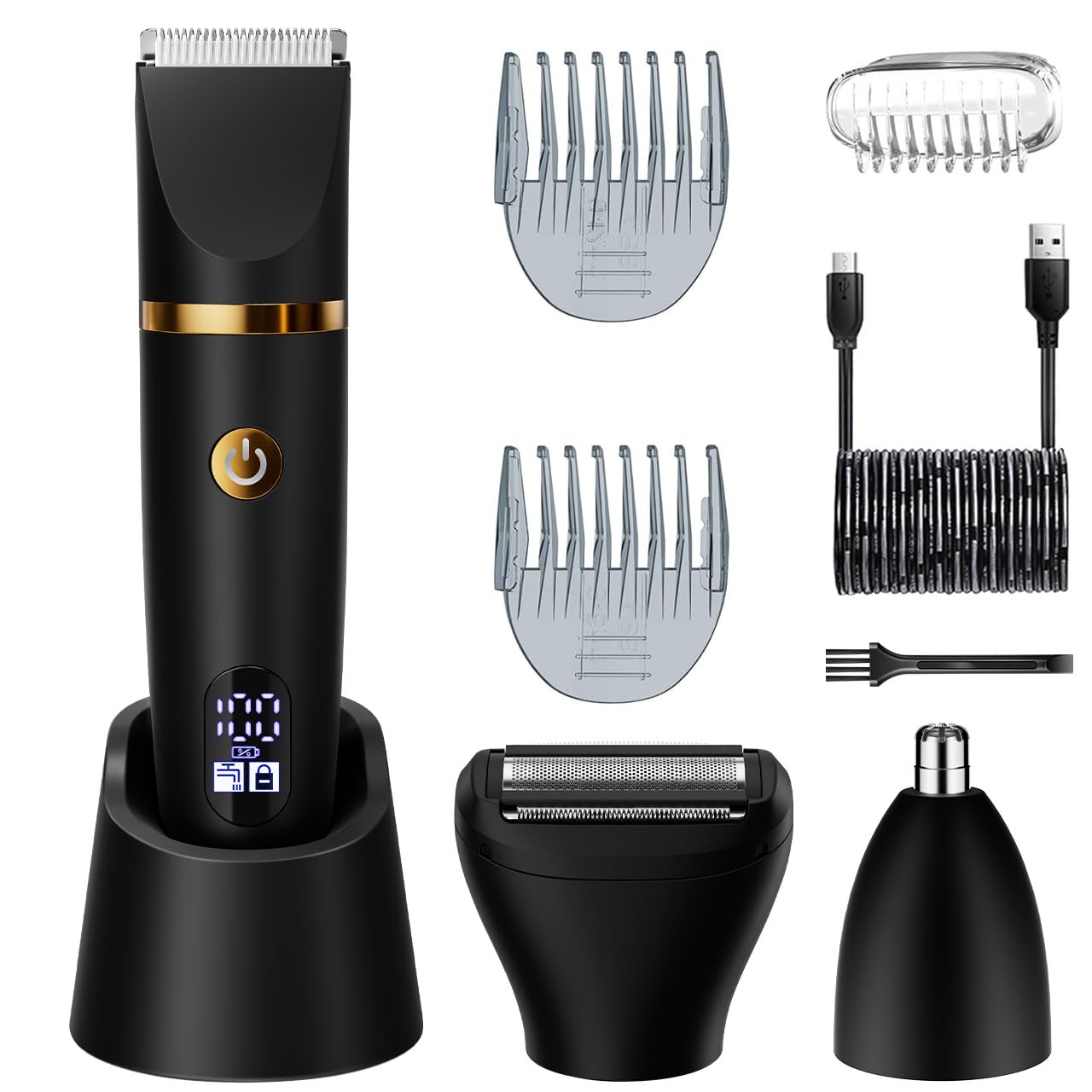 Ball Shaver for Men, 3-in-1 Multifunction Body Hair Trimmer & Pubic Shaver with Titanium Blades (No Nicks!), IPX7 Waterproof Electric Razor, LED Display, Wet/Dry，Black