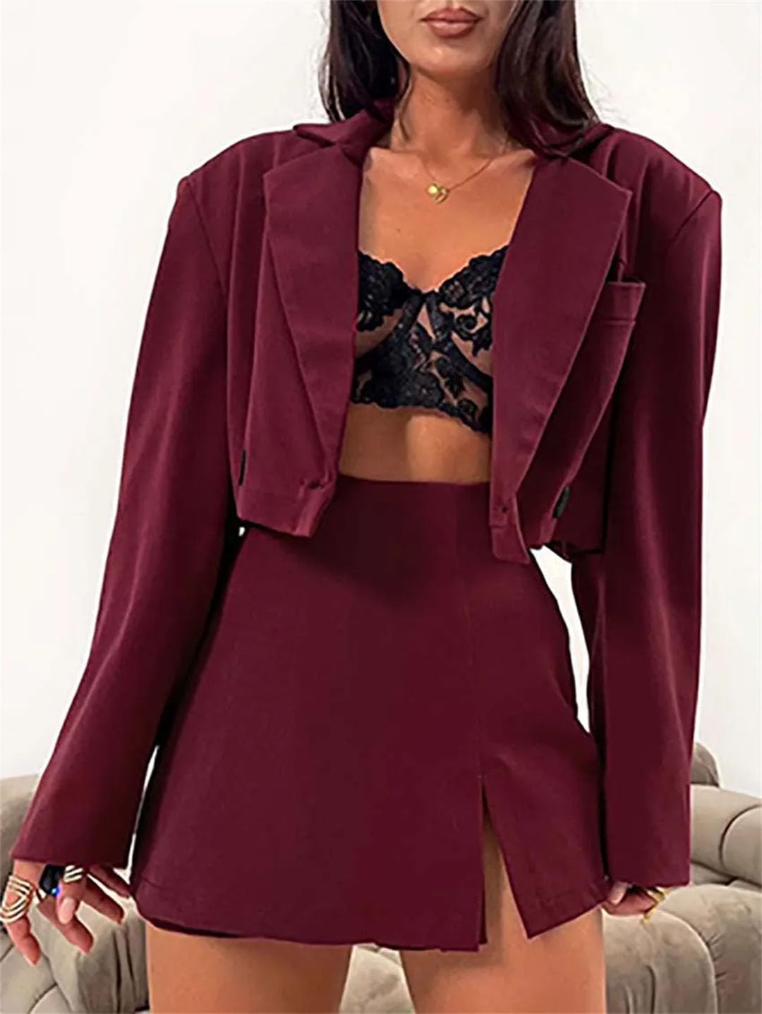 Womens Red 2 Piece Long Sleeve Single Button Crop Shirts and High Waisted Side Slit Mini Skirts Sets