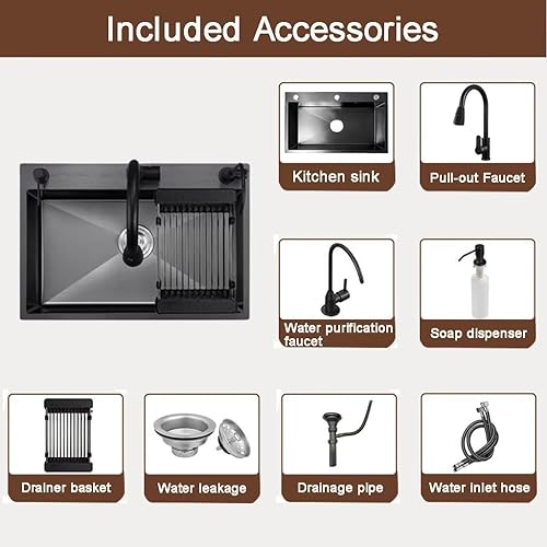 Miniatura 4 de Fregadero de cocina negro con caída en el fregadero de acero inoxidable con 3 agujeros, fregadero de estación de trabajo de montaje superior, lavabo