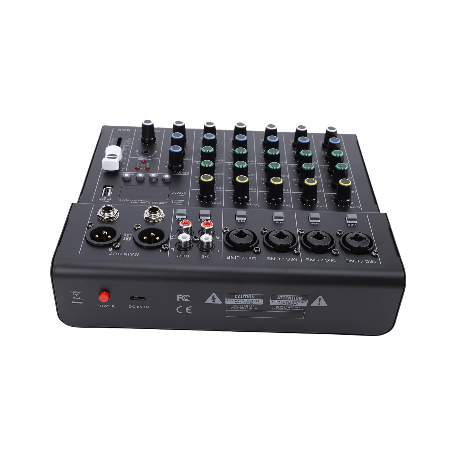 Walmeck 6-Kanal-Mini-Soundmixer, DJ-Controller, Professionelle Aufnahme-Soundkarte mit BT-MP3-Player, 48 V Phantomspeisung, Integrierter Gitarrenverstärker, Tragbare Mischkonsole für (Schwarz)