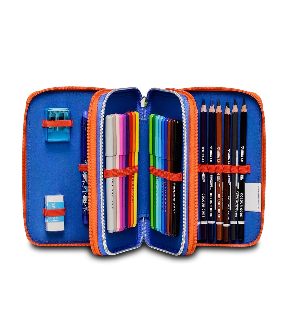 Seven Sonic Astuccio Scuola Elementare 3 Scomparti, COME AND GET ME, Blu Rosso, Contenuto 43 pz, Completo di Matite, Penne, Pennarelli, Portapenne Scuola Bambino Elementari
