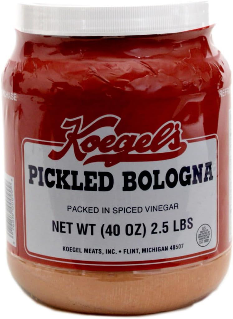 Koegels pickled bologna packed in spiced vinegar, 40-oz plastic jar, refrigerate after opening