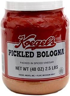 Koegels pickled bologna packed in spiced vinegar, 40-oz plastic jar, refrigerate after opening