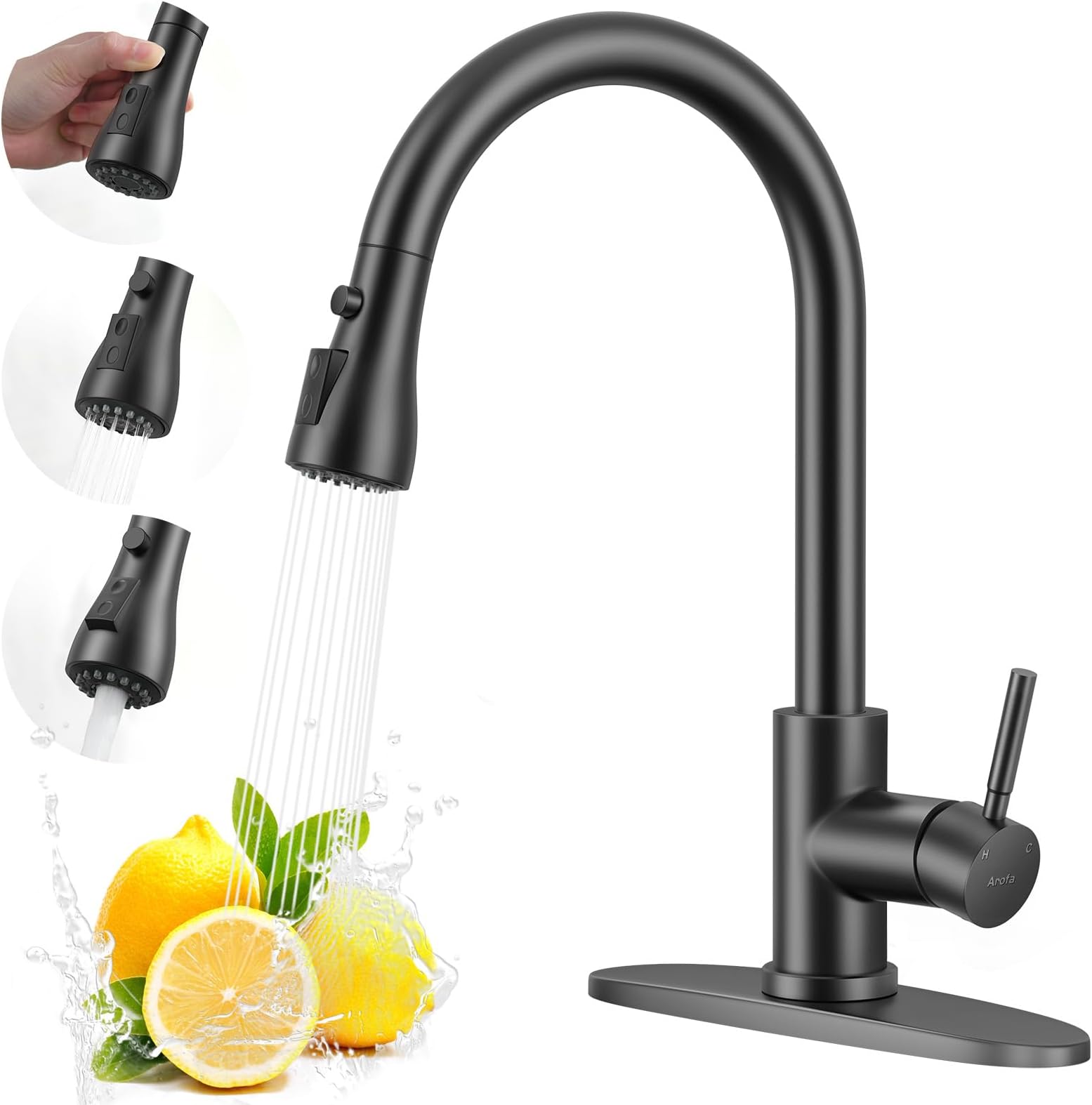 Pull Down Kitchen Sink Faucet - A02BY Contemporary Matte Black Single Handle Gooseneck Stainless Steel Pull Out Kitchen Faucet with Sprayer