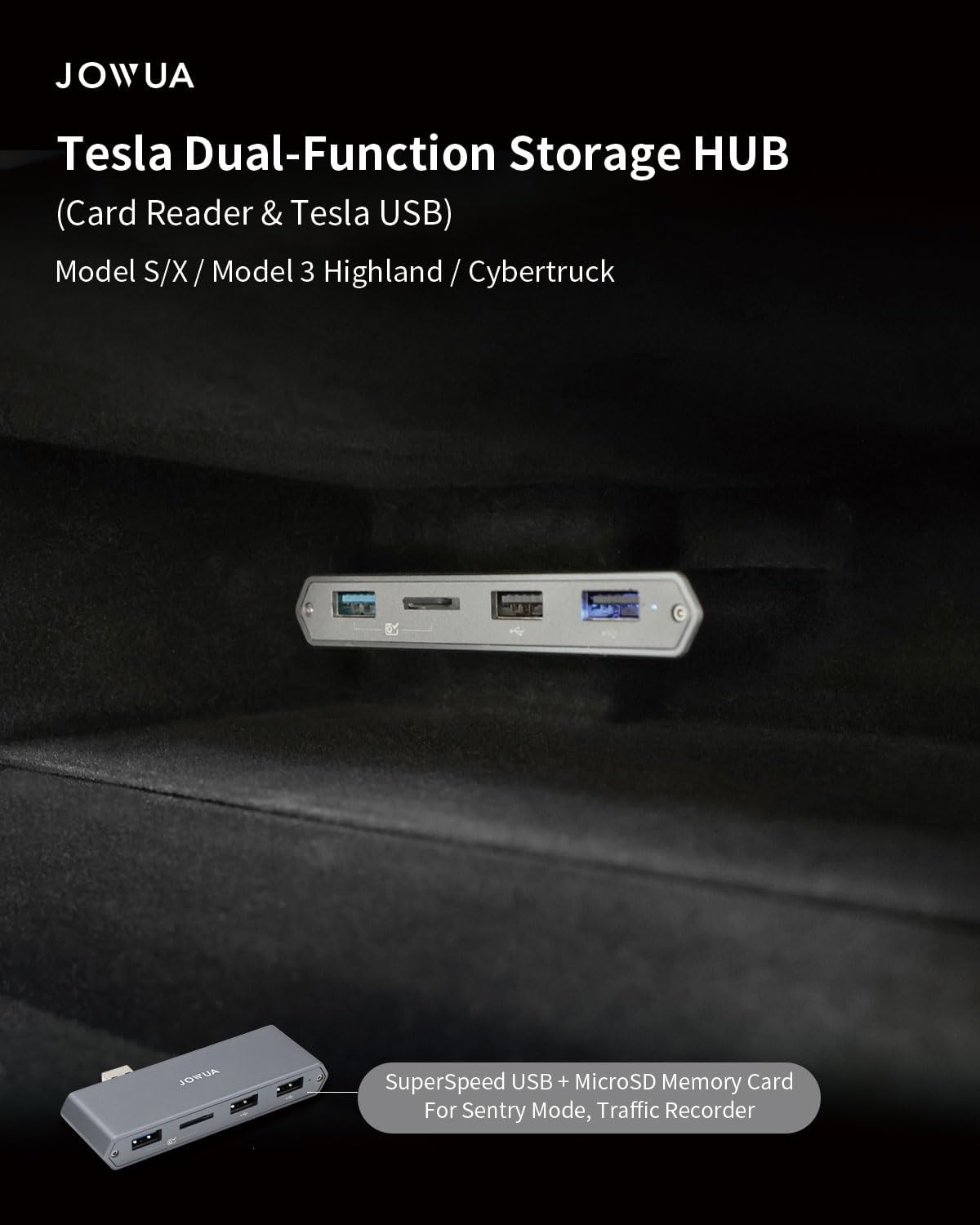 JOWUA Dual-Function Storage HUB (MicroSD Reader) for Tesla New 2025 Model Y Tesla 2024-2025 Model 3 Highland, Model X, Model S, Cybertruck 1 USB 3.0 Port, 2 USB-A Ports