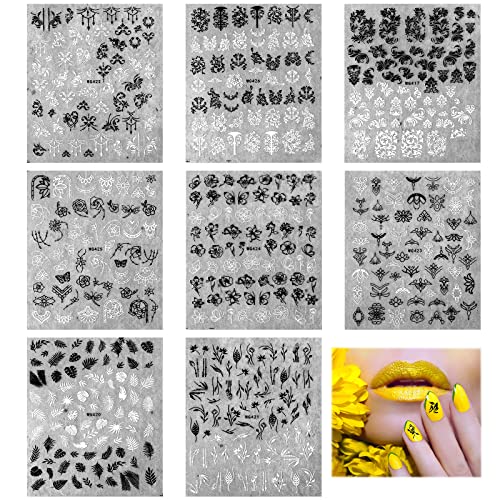 8 Sheet Nail Art Stickers Decals for Girls Women, Black White Flower Design Self Adhesive 3D Nail Art Sticker DIY Manicure Supplies for Nail Salon Cover