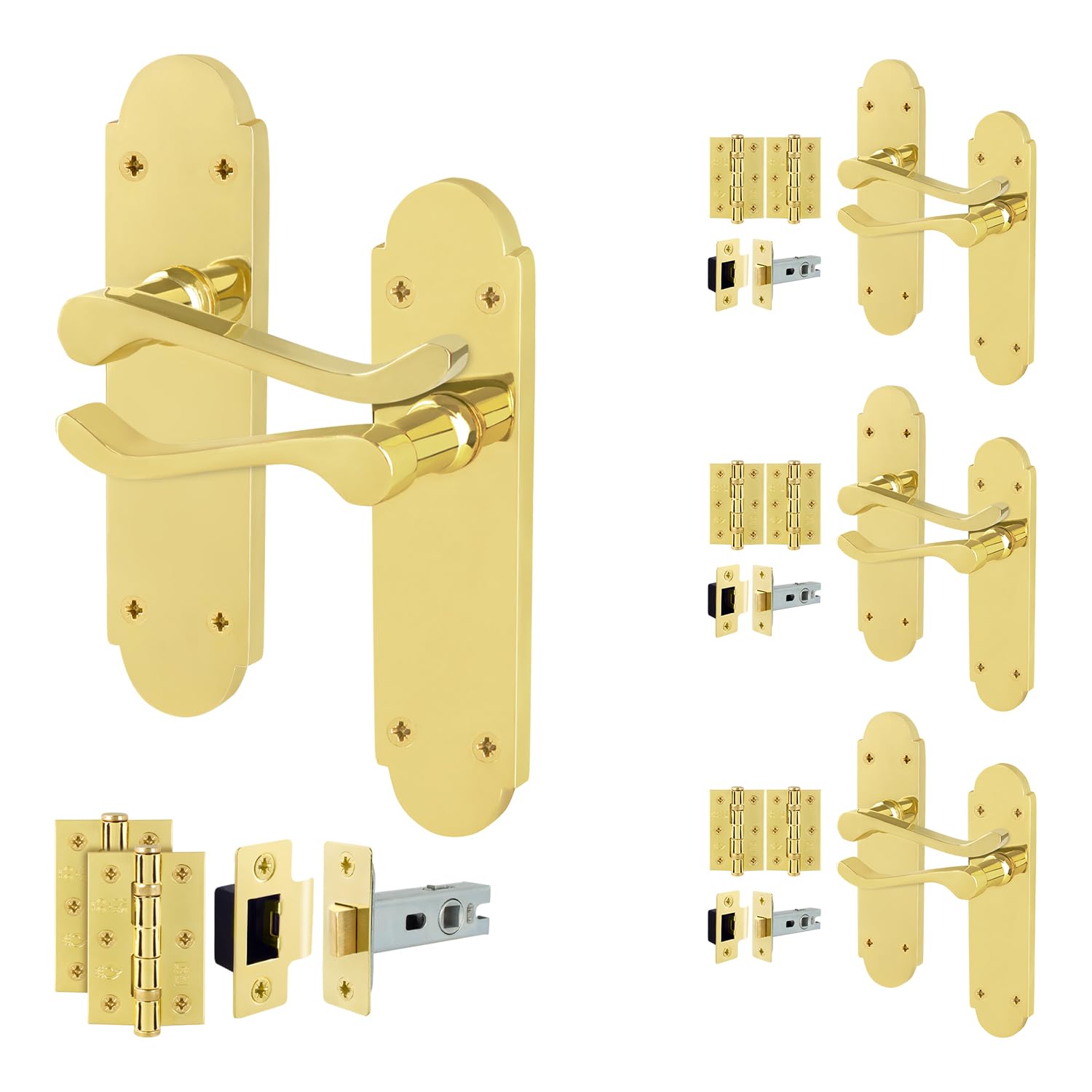 EAI Polished Brass Door Handles with Latch 64mm and Hinges, 4 Pack