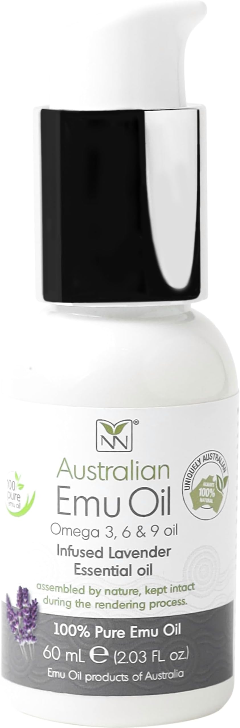 Pure Emu Oil Infused w/Lavender - Face Moisturizer, Body Oil & Hair Growth Oil - Organic with Vitamin E, Omega 3-6-9 - Face Oil, Scalp Oil & Cuticle Oil - Australian Emu Oil (60ml)