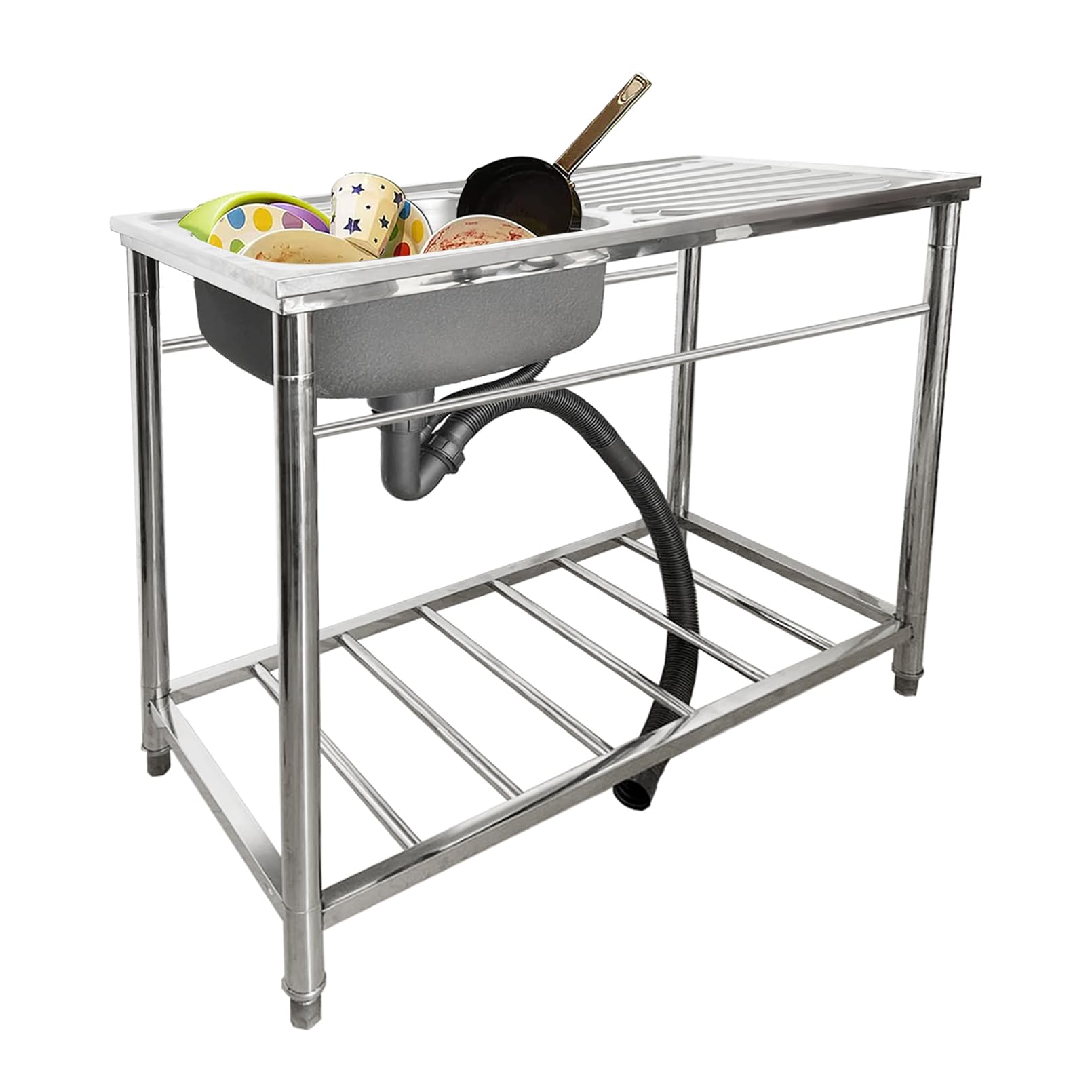 YADZISW Commercial Kitchen Sink with Workbench, Faucet & Drainboard Stainless Steel Utility Single Bowl for Laundry Backyard Garage Camping Portable Handwashing Station Tub Indoor Outdoor