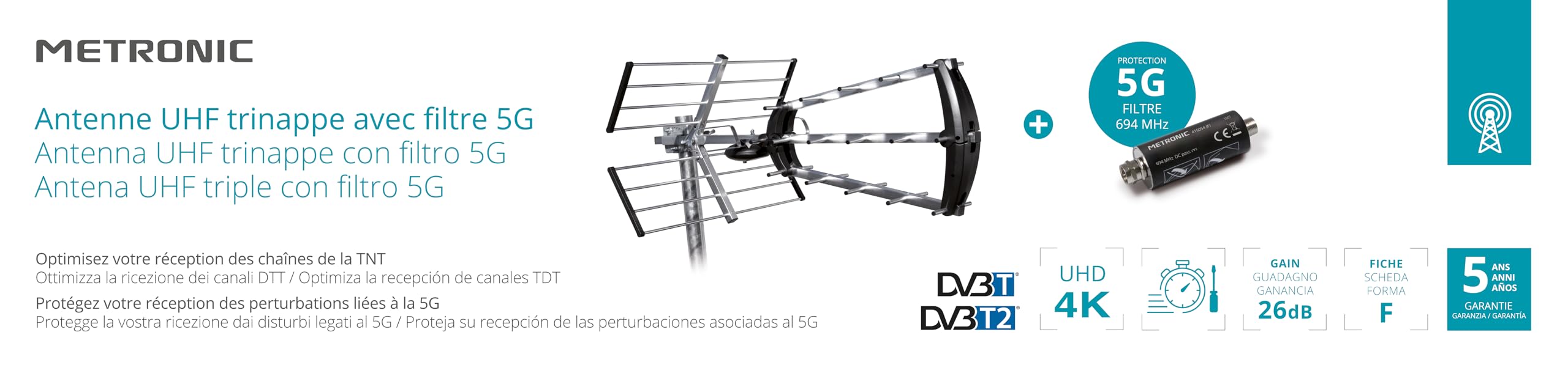 METRONIC 415054 Antenne d'Extérieur Trinappe 26 DB - Filtre 5G 694 MHz, Récéption TV TNT Signaux DVB-T / T2 - Montage Toit ou Combles - Compatible 4K UHD - Gris