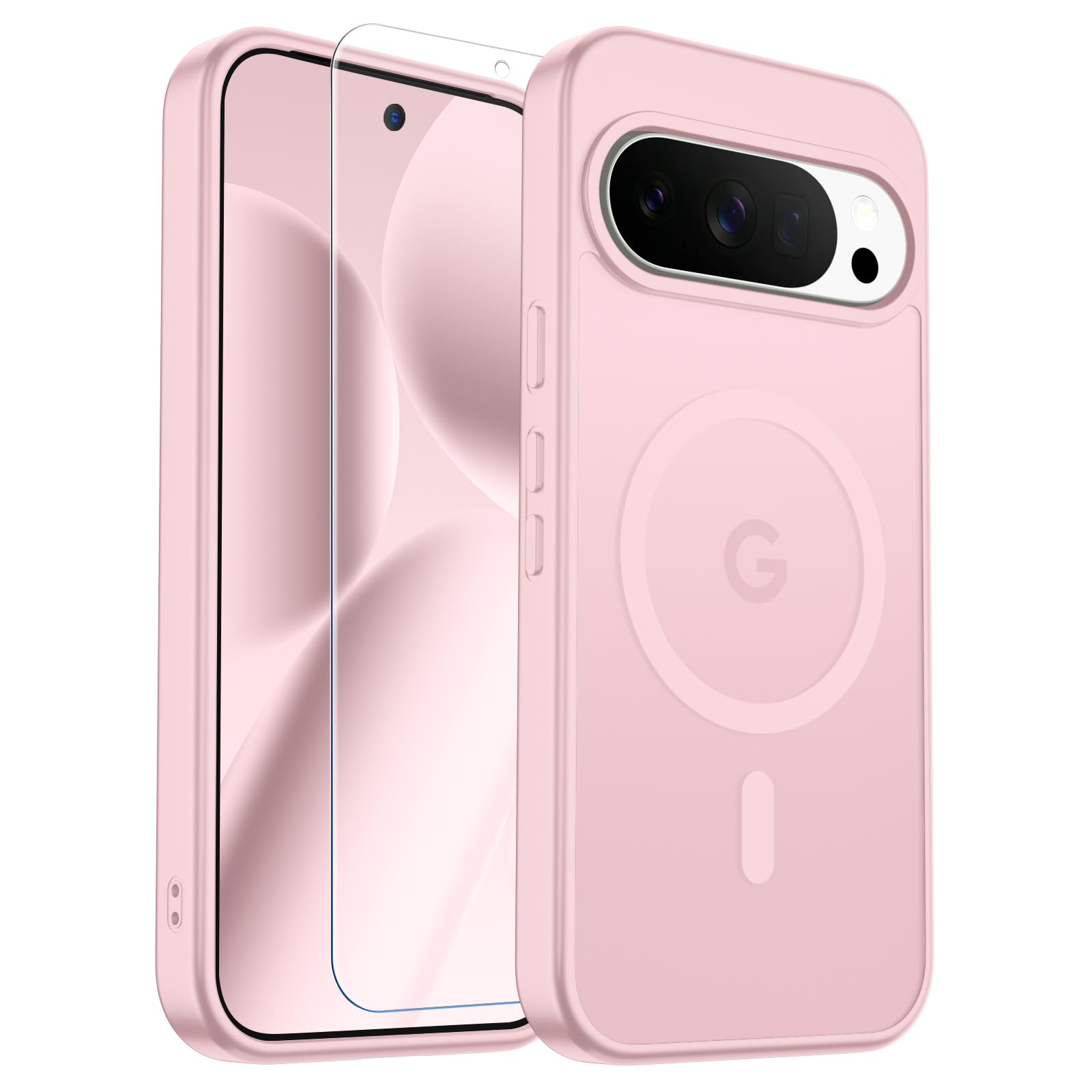 SUPFINE Magnetic for Google Pixel 10 Pro XL Case with Screen Protector, (Built-in Magnets) ((Military Grade Drop Protection) Slim Translucent Shockproof Phone Case,Pink