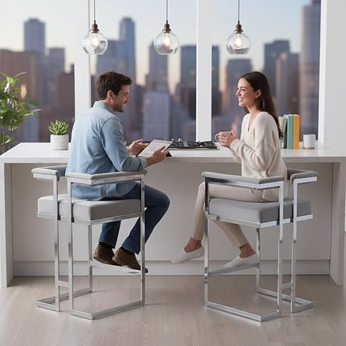 Miniatura 7 de LukeAlon Slivery - Juego de 2 taburetes de terciopelo con base tapizados de 26 pulgadas de altura de asiento, modernos taburetes bajos con patas