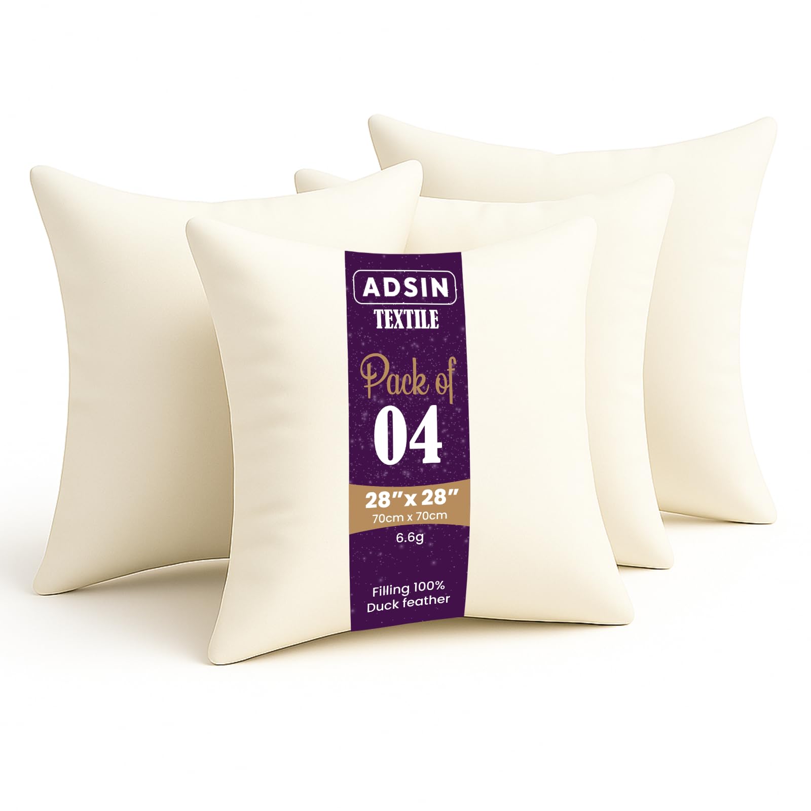 adsin White Duck Feather Cushion Inserts 4 Pack 28" x 28" (70cm x 70cm), Feather Cushions, 100% Down Proof Cotton Cover, Machine Washable Square Cushion - Pack of 4