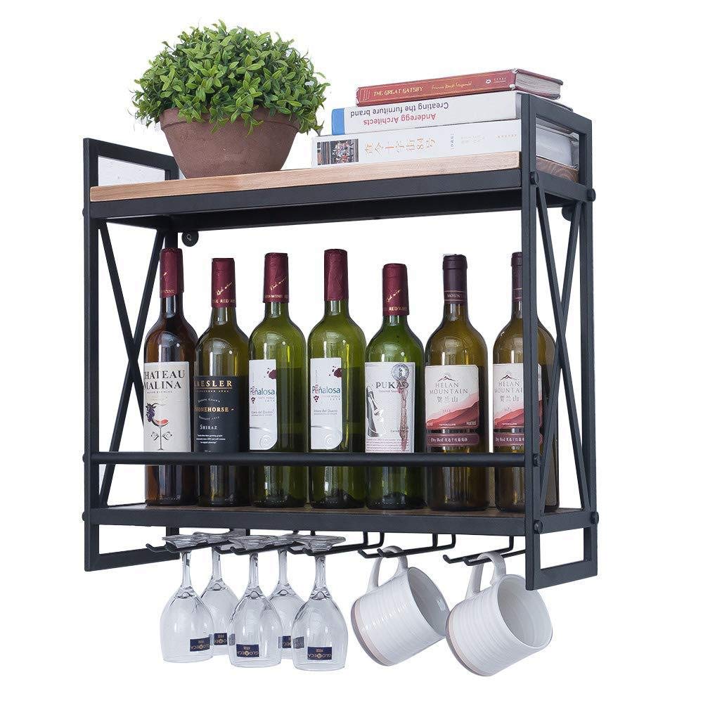 Casier à vin moderne 60 cm mural en bois et métal avec porte-verres à pied