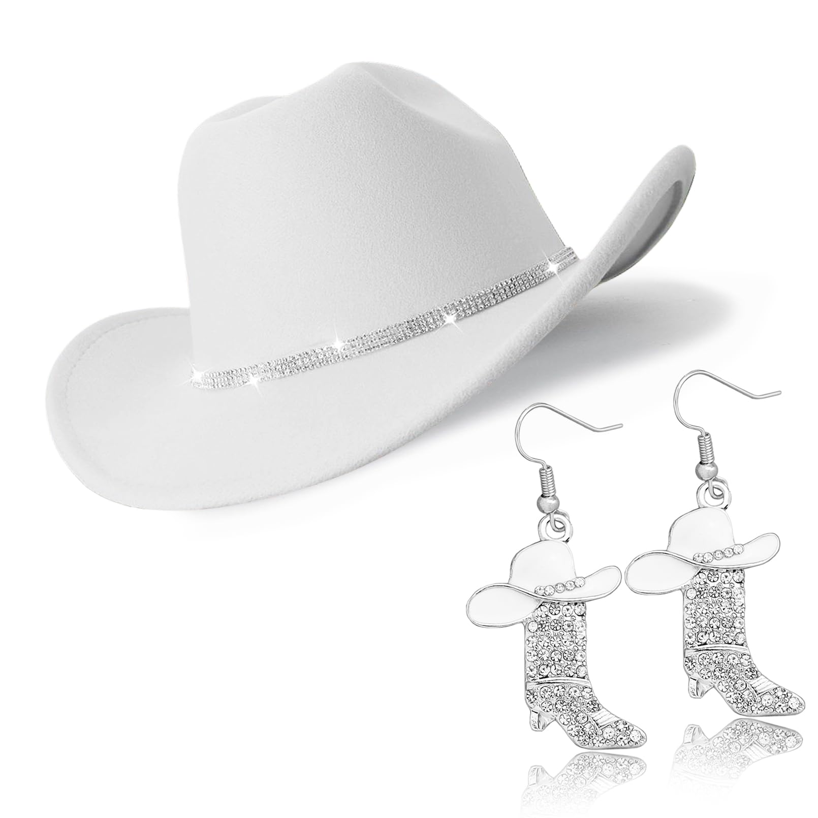 Aswitnove Cowboy Hat Rhinestone Cowgirl Boots Earrings Set 