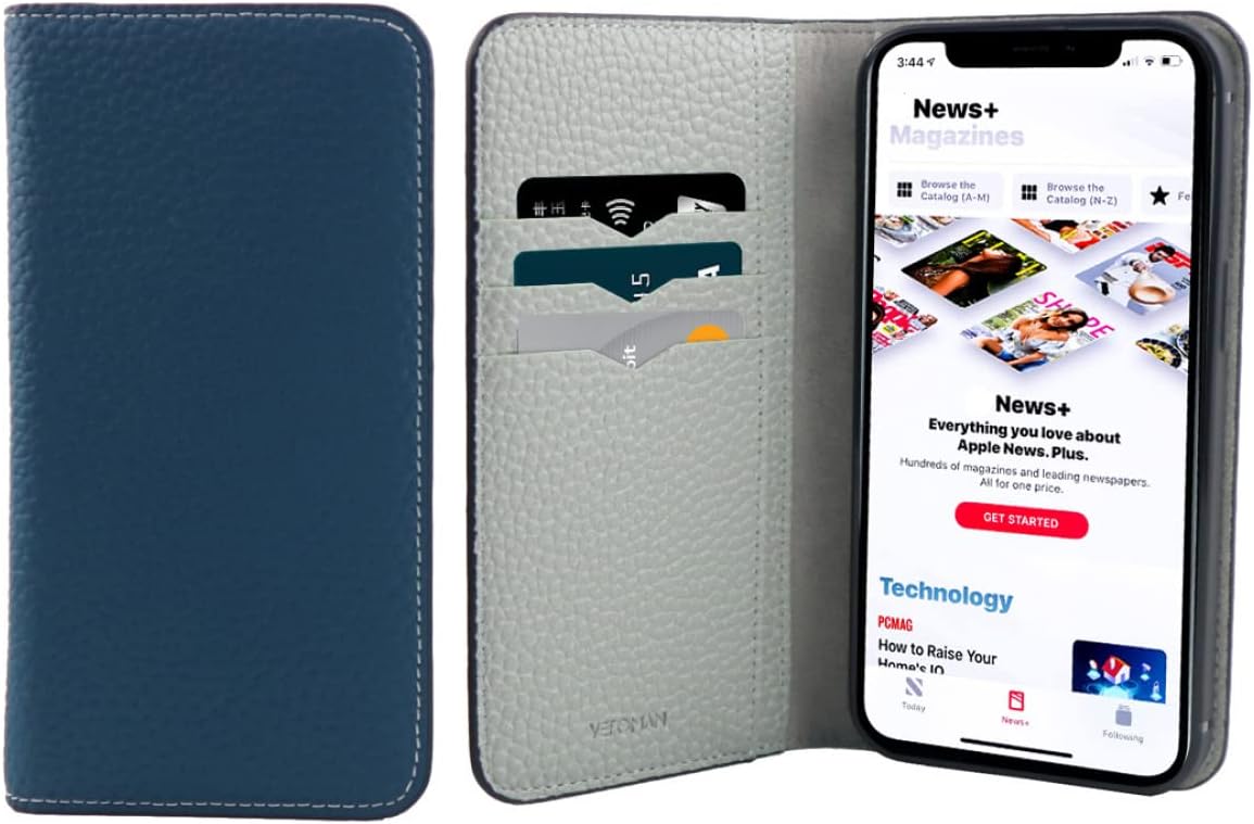 VeroMan iPhone 13 Pro Wallet Case Flip Cover Genuine Leather Card Holder (Blue x Grey)