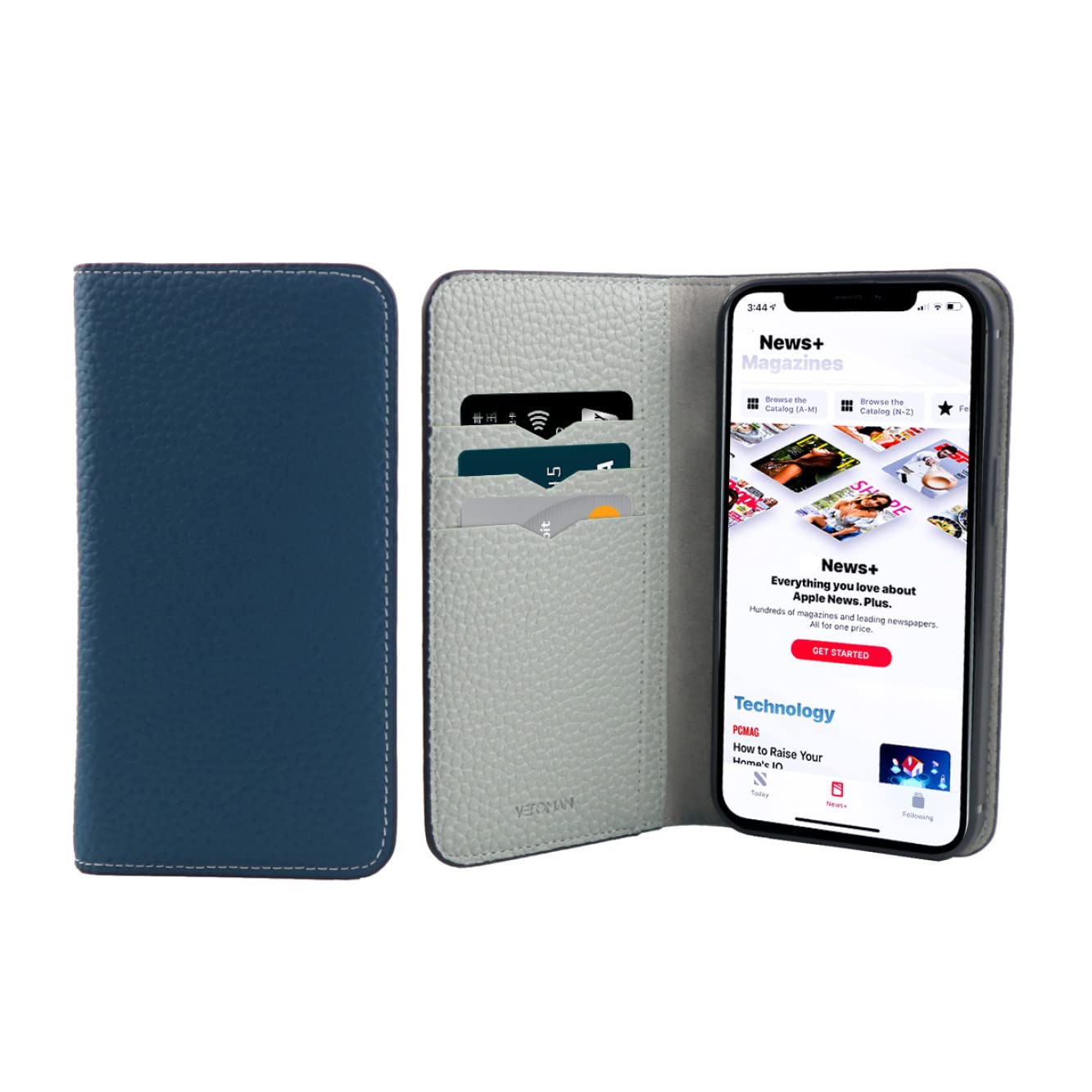 VeroMan iPhone 13 Pro Wallet Case Flip Cover Genuine Leather Card Holder (Blue x Grey)