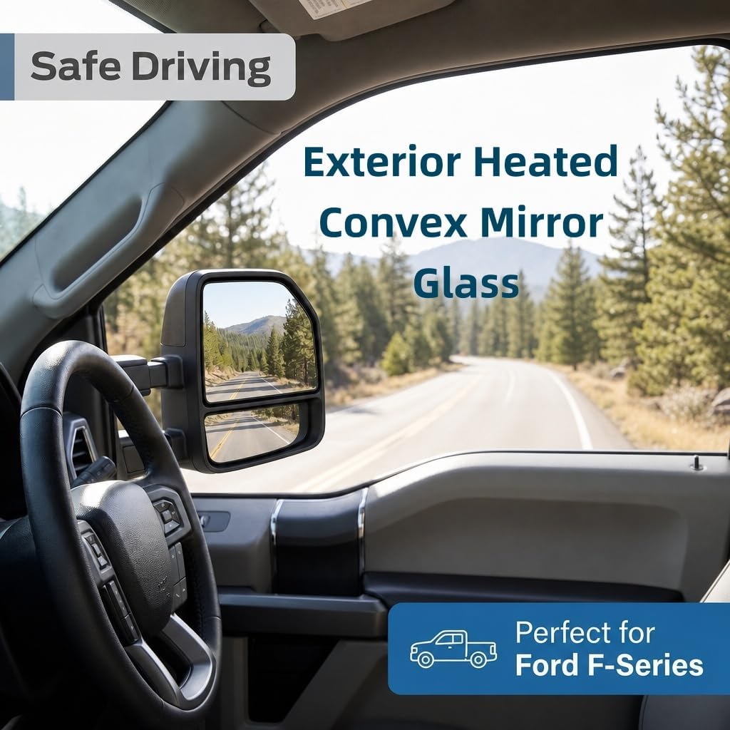 Passenger Side Lower Heated Convex Towing Mirror Glass with Backing Plate, Compatible with Ford F-150 2015-2020, F-250 F-350 F-450 F-550 Super Duty 2017-2020, Replace OE# FL3Z17K707W, FL3Z17K707T