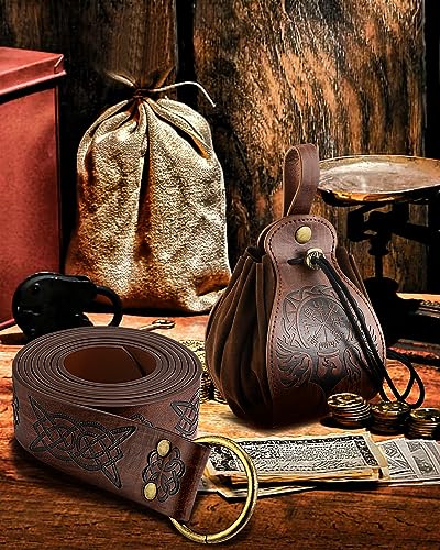 3 Pcs Medieval Belt, Viking Knight Belt of Renaissance, Sword Frog Leather Belt Pouch Medieval Bag Renaissance Accessories Brown4